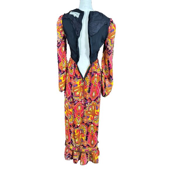RARE 70s Vintage Young Innocent Maxi Corset Prairie Dress Bright Paisley Velvet - Picture 6 of 8